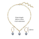18K Gold Filled Figaro Chain Necklace & Drop Hoop Earrings Set – Freshwater Baroque Pearl Jewelry Suite, 60cm + 5cm Extension