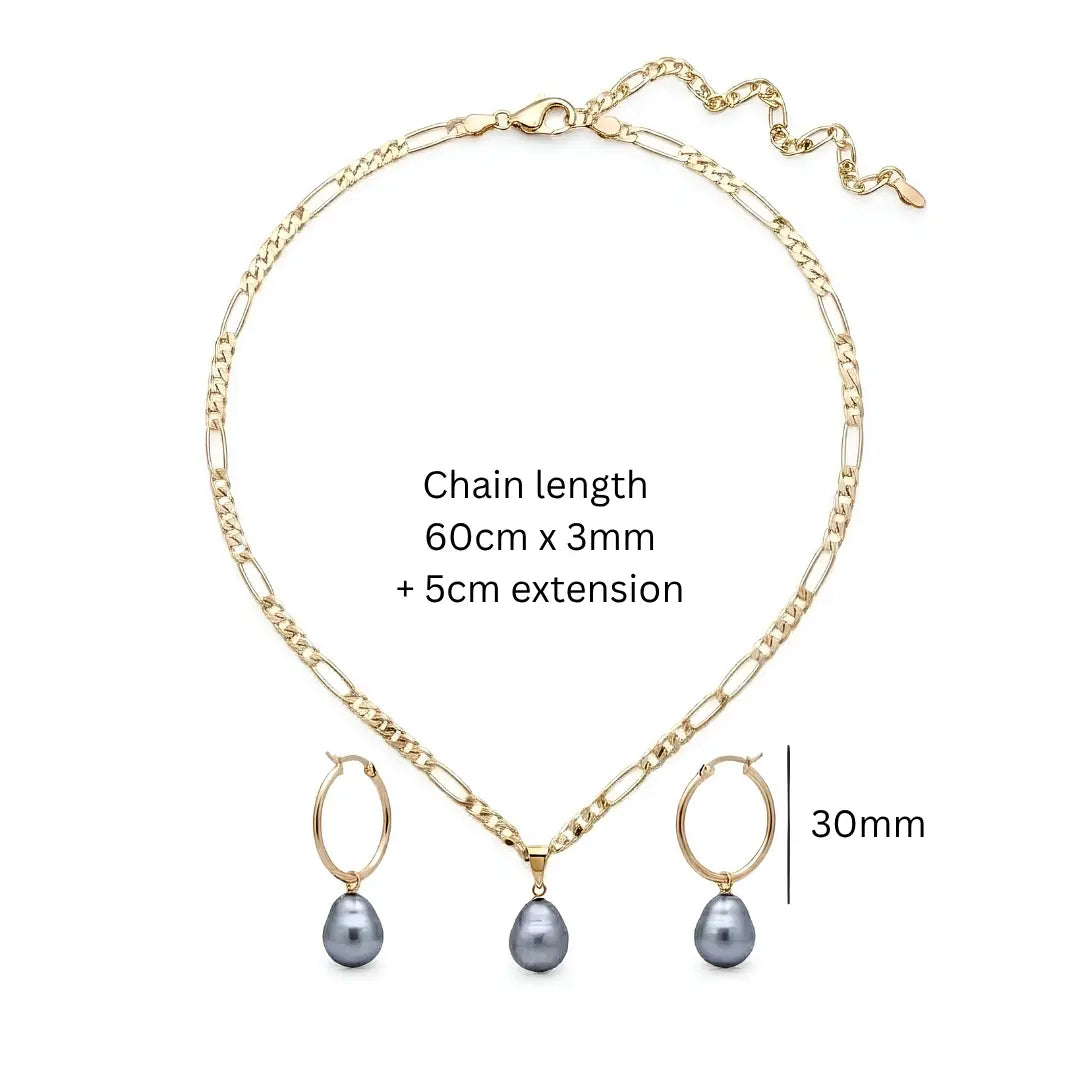 18K Gold Filled Figaro Chain Necklace & Drop Hoop Earrings Set – Freshwater Baroque Pearl Jewelry Suite, 60cm + 5cm Extension