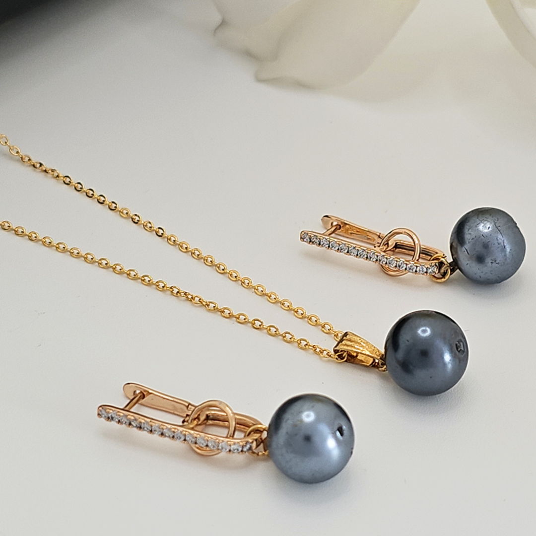 18K Gold Filled Hawaiian Grey Pearl Set