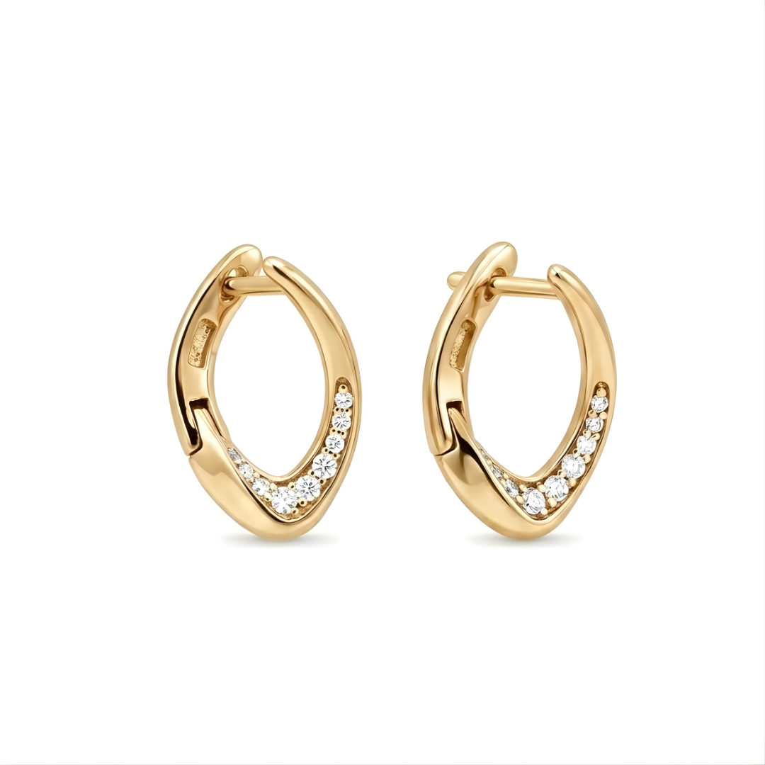 18K Gold Filled Curved Leaf Huggie Hoop Earrings with Diamonds – Pavé CZ Organic Marquise Gold Hoops for Women