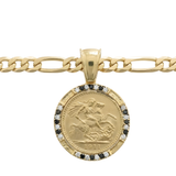 18K Gold Filled Sovereign Coin Pendant Necklace – 1911 St. George Coin with Black & White Diamond Halo Figaro Chain Necklace