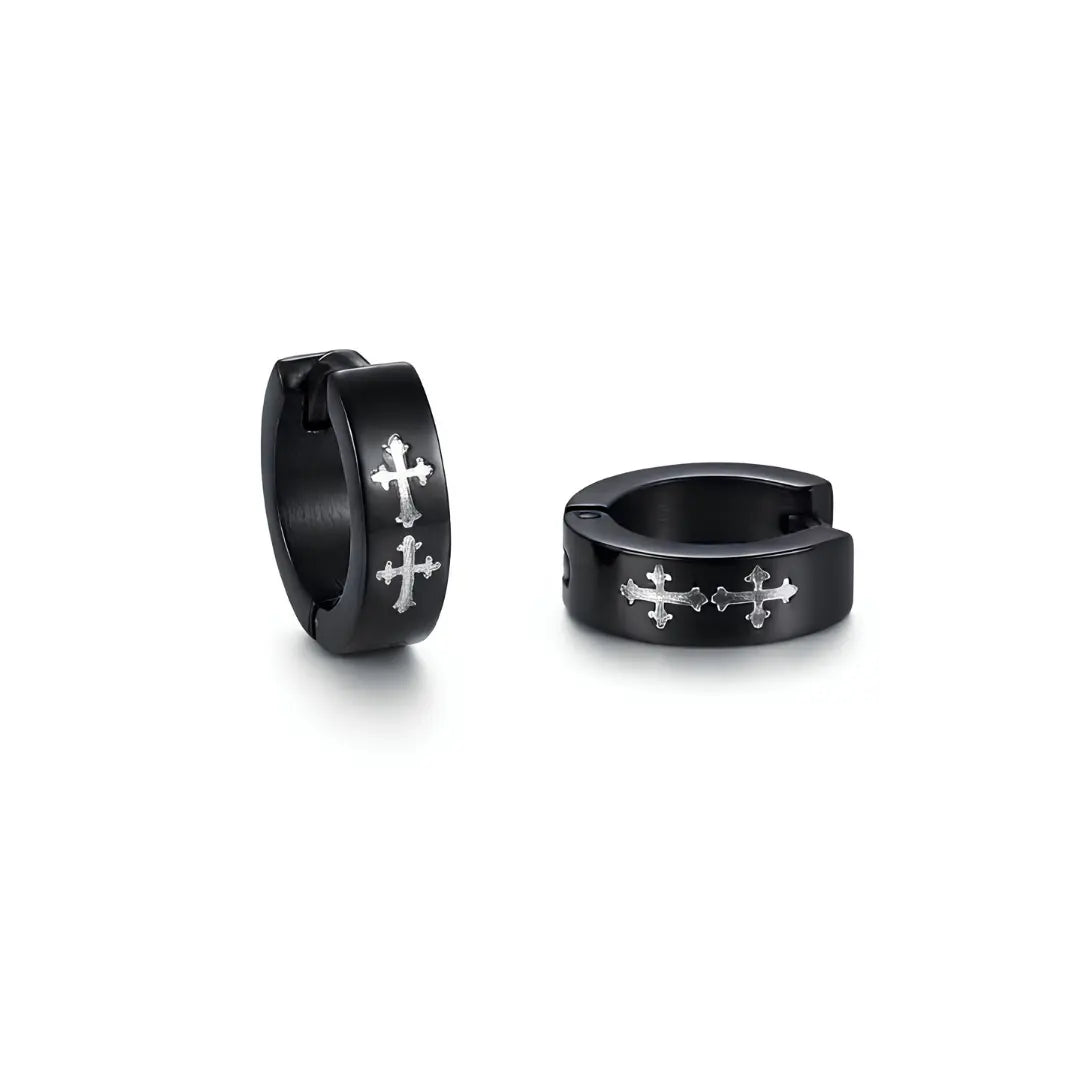 Men’s Black Cross Hoop Earrings (18mm) – Bold Stainless Steel Dangle Huggie Earrings for Modern Street Style