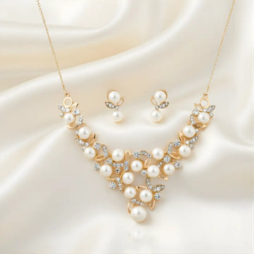 18K Gold Filled Floral Simulated Pearl & Cubic Zirconia Statement Jewelry Set – Bridal Collar Necklace & Cluster Earrings