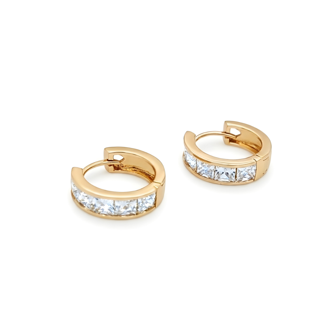 18K Gold Filled Princess-Cut CZ Channel Set Hoop Earrings – Wide Square Crystal Huggie Earrings for Women