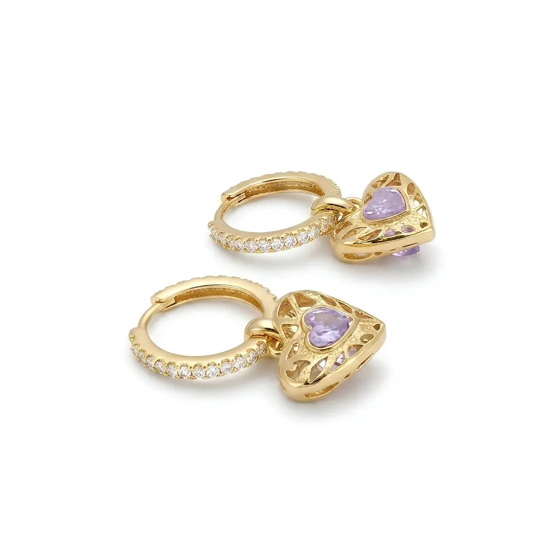 18K Gold Filled Puffed Heart Hoop Earrings with Purple Stone (30mm) – Tarnish-Proof Crystal Drop Earrings