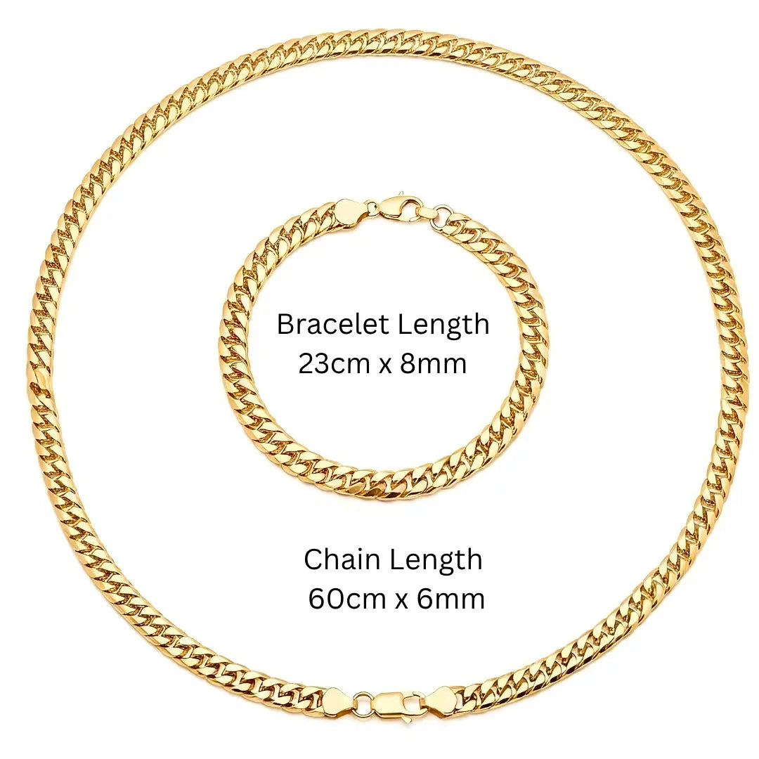18K Gold Filled Unisex Curb Chain & Bracelet Set – Tarnish-Proof Miami Cuban Link Jewelry Set
