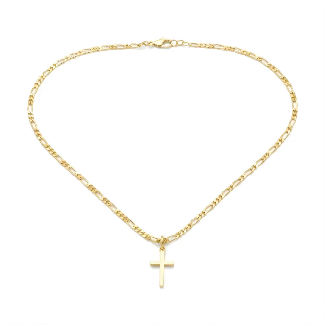 14K Gold Filled Minimalist Latin Cross Pendant Necklace – 58cm 2mm Figaro Chain Classic Faith Necklace for Men & Women