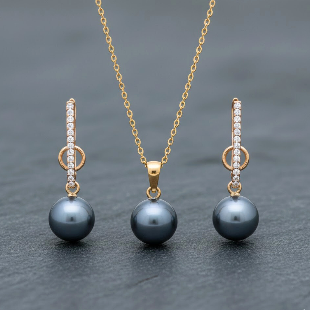 18K Gold Filled Hawaiian Grey Pearl Set