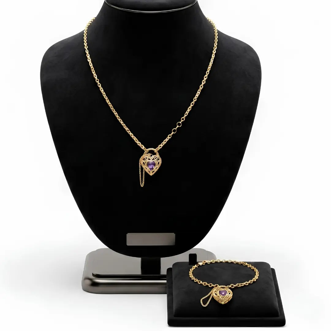 18K Gold Filled Belcher Chain Heart Necklace & Adjustable Bracelet Set – Tarnish-Proof Floral Crystal Jewelry
