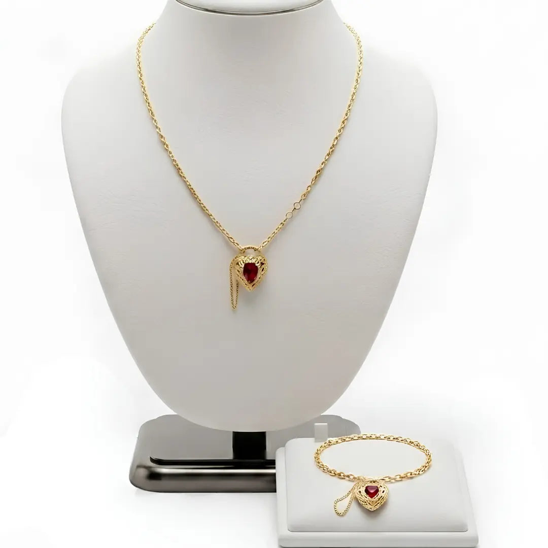 18K Gold Filled Belcher Chain Heart Necklace & Adjustable Bracelet Set – Tarnish-Proof Floral Ruby Red Crystal Jewelry