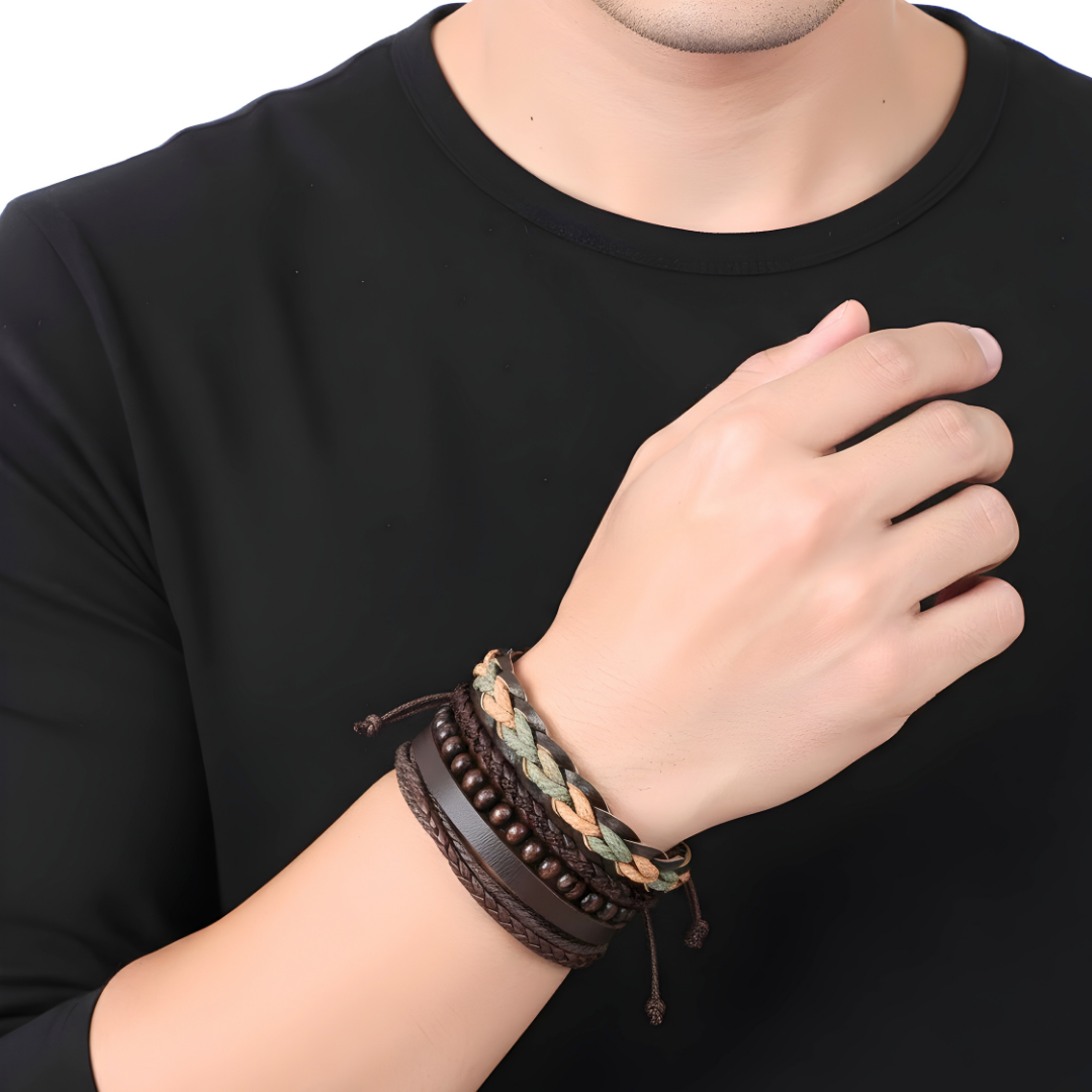 5 Piece Black & Dark Brown PU Leather Bracelet Set
