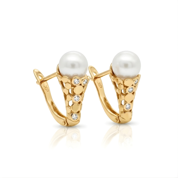 18K Gold Filled Simulated Pearl & CZ Leverback Earrings – Honeycomb Openwork Drop Earrings for Women