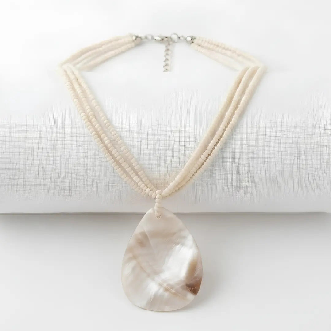 Off-White Beaded Strands Necklace with Natural Oval Mother of Pearl Pendant