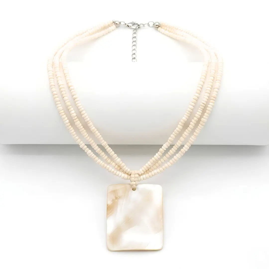Off-White Beaded Strands Necklace with Natural Square Mother of Pearl Pendant