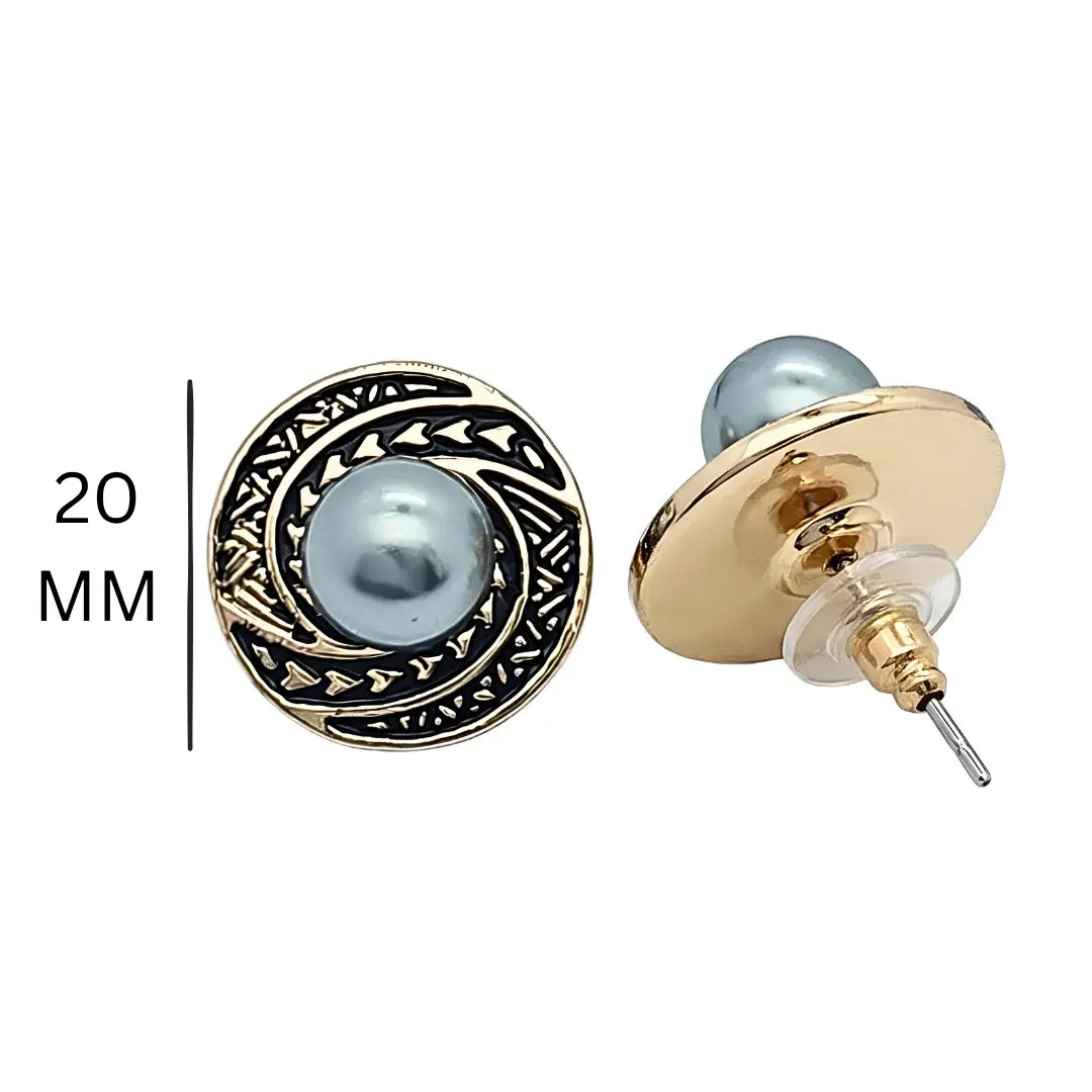 20MM Hawaiian Black Pearl Stud Earrings - Gold Carved Polynesian Scroll Earrings