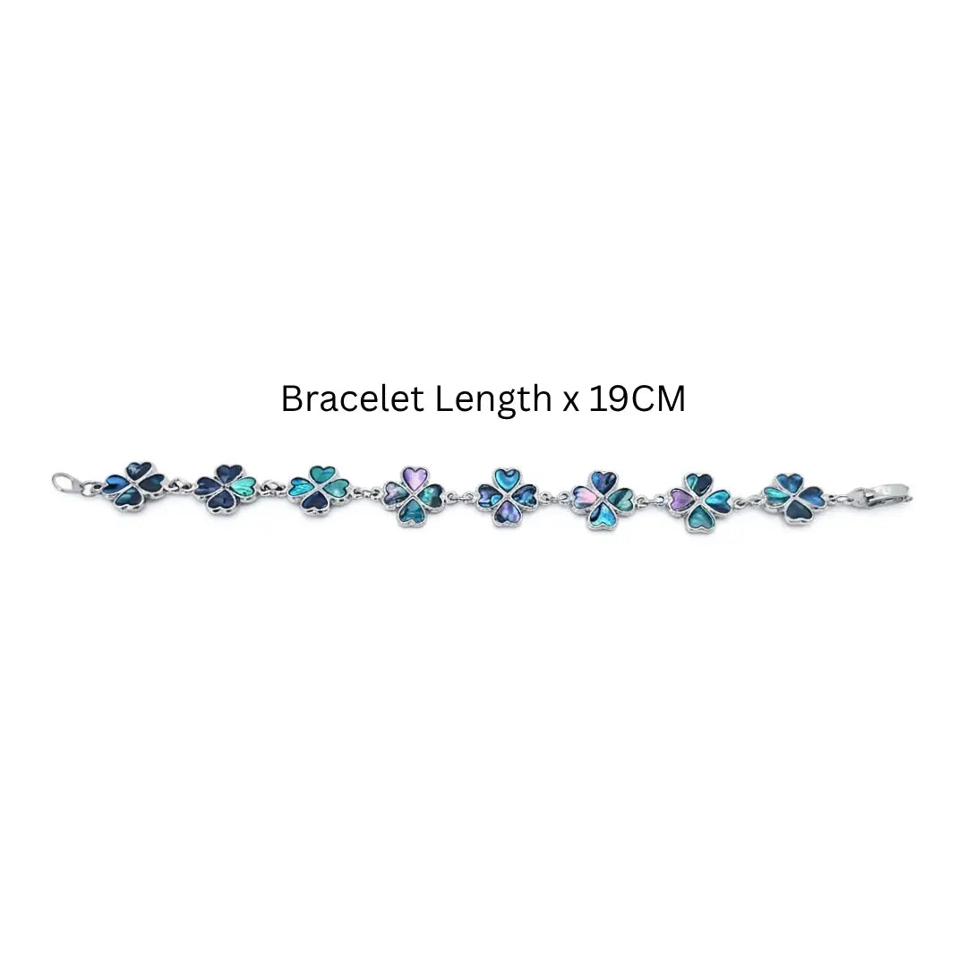 19CM Hawaiian Silver Abalone Shell Four-Leaf Clover 8-Charm Link Bracelet