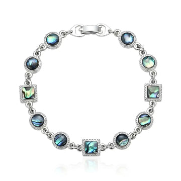 19cm Hawaiian Silver Abalone Shell & Crystal Round-Square Link Bracelet