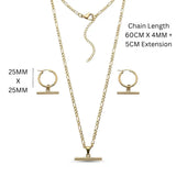 18K Gold Filled Tarnish Proof Hawaiian Figaro Chain Necklace & T-Bar Hoop Earrings Set