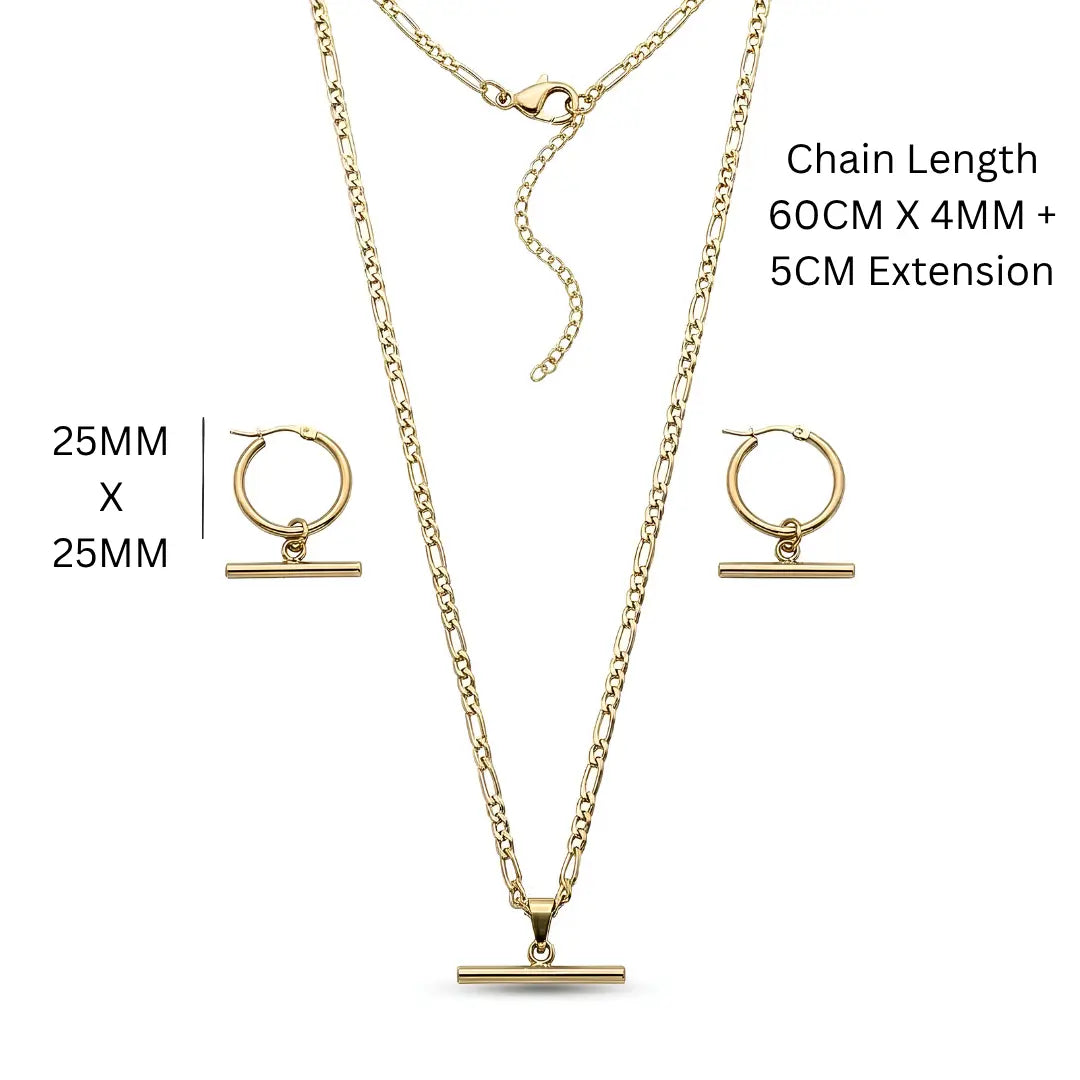 18K Gold Filled Tarnish Proof Hawaiian Figaro Chain Necklace & T-Bar Hoop Earrings Set