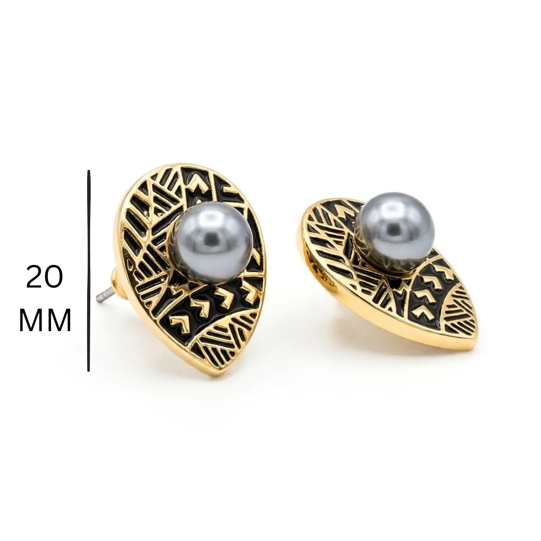 20MM Hawaiian Tribal Teardrop Pearl Stud Earrings - Gold & Black Enamel Polynesian Pearl Earrings for Women