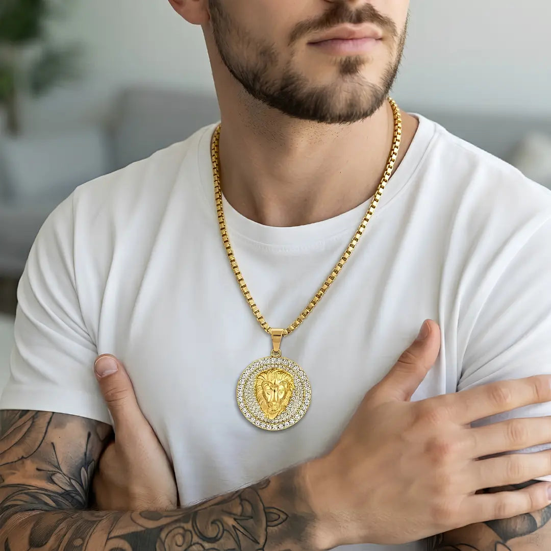 65CM x 3MM 18K Gold Filled Lion Head Medallion Pendant Necklace with Iced Crystal Halo &  Box Chain – Tarnish-Proof Statement Jewelry