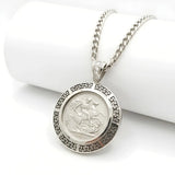 Handcrafted 1913 Saint George Full Sovereign Pendant Necklace with Diamond Bail & Greek Key Frame in Rhodium Silver