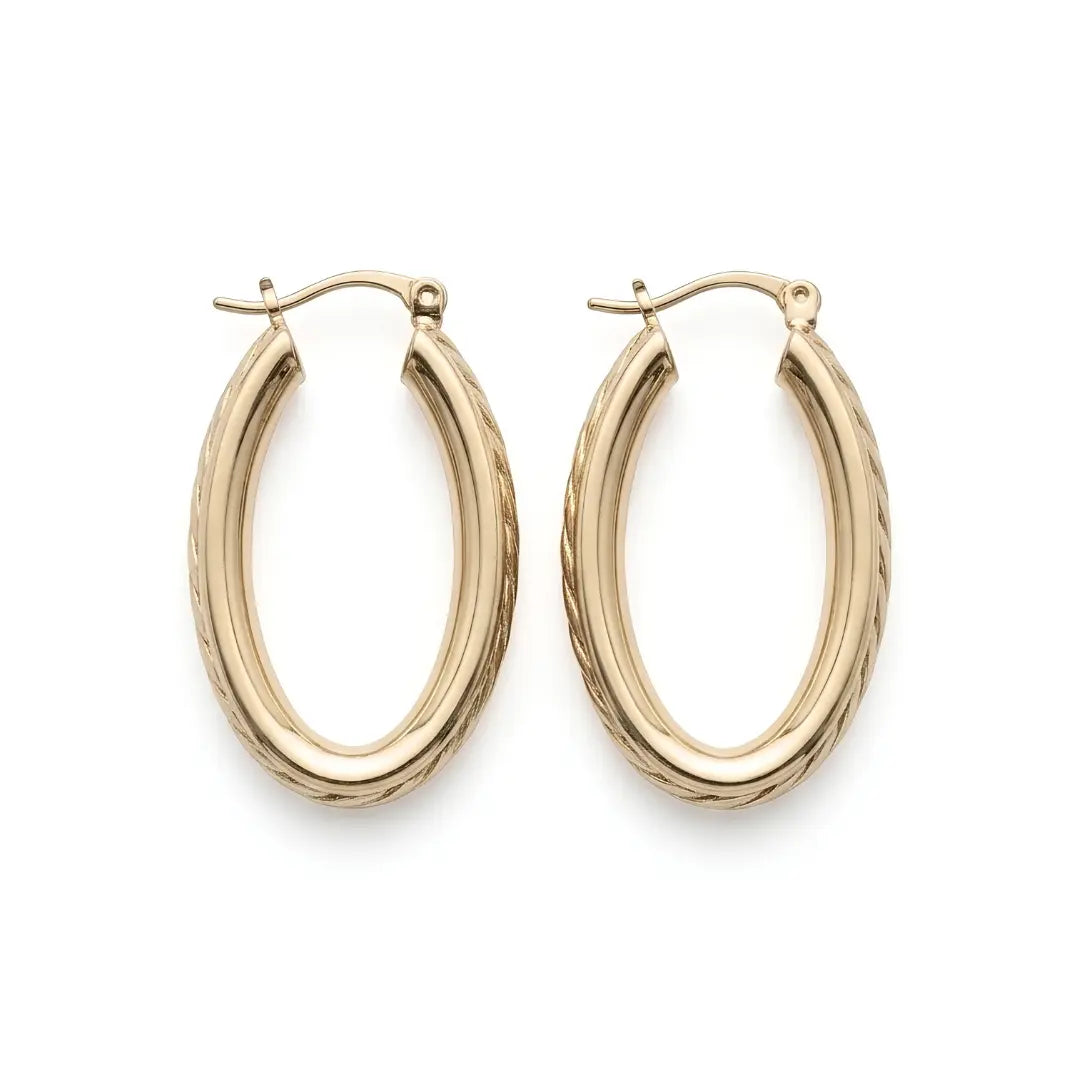 14K Gold Filled Hawaiian Chevron Carved Oval Hoop Earrings | Tarnish-Proof