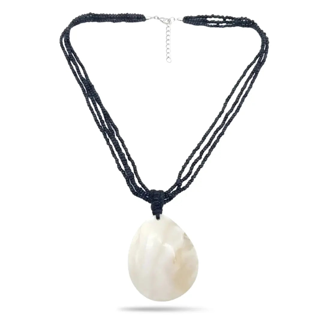 46CM +5CM Extension Multi-Strand Black Beaded Necklace with Teardrop Shell Pendant