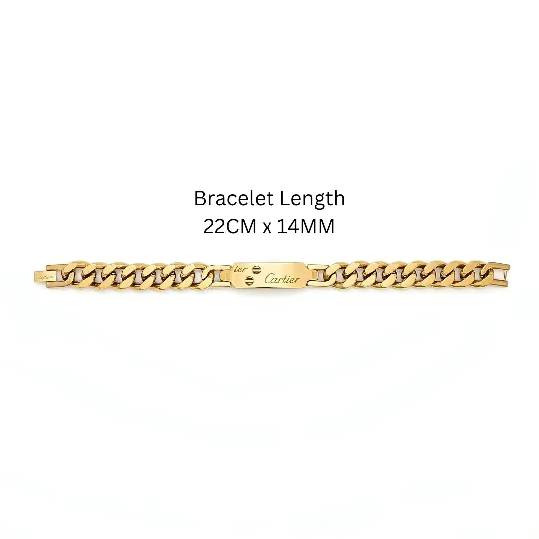 22CM x 14MM Unisex Solid 18K Yellow Gold Engraved Cuban Link ID Bracelet