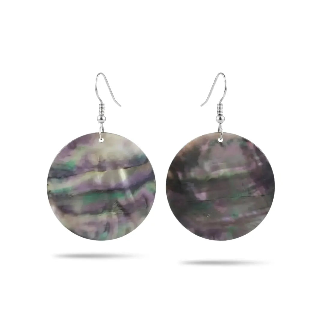 30MM Hawaiian Round Iridescent Abalone Shell Drop Earrings with Silver Hooks