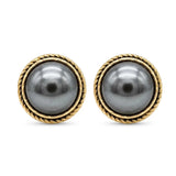 18mm Hawaiian Grey Pearl Stud Earrings, Gold Rope Border Tahitian Style Button Earrings