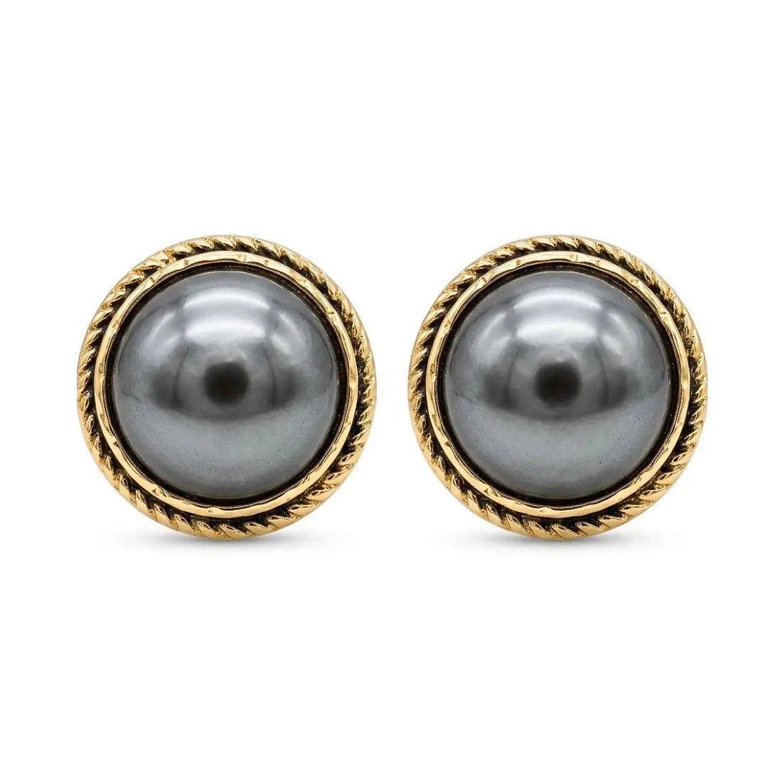 18mm Hawaiian Grey Pearl Stud Earrings, Gold Rope Border Tahitian Style Button Earrings