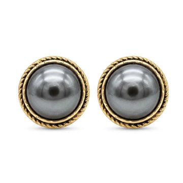 18mm Hawaiian Grey Pearl Stud Earrings, Gold Rope Border Tahitian Style Button Earrings