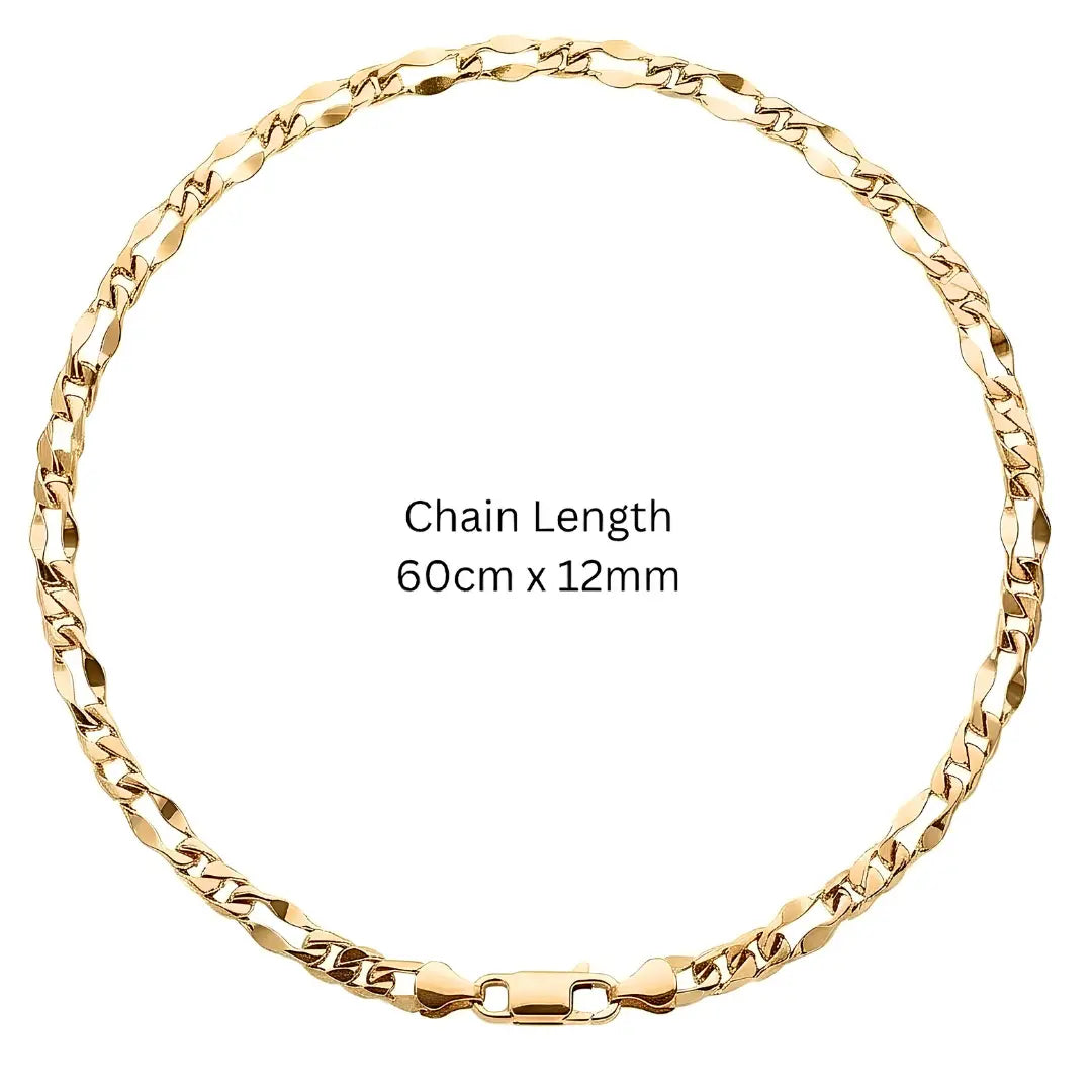 60CM x 12MM 18K Gold-Filled Figaro Chain Necklace –  Flat Link Unisex Heavy Duty Tarnish-Proof Chain