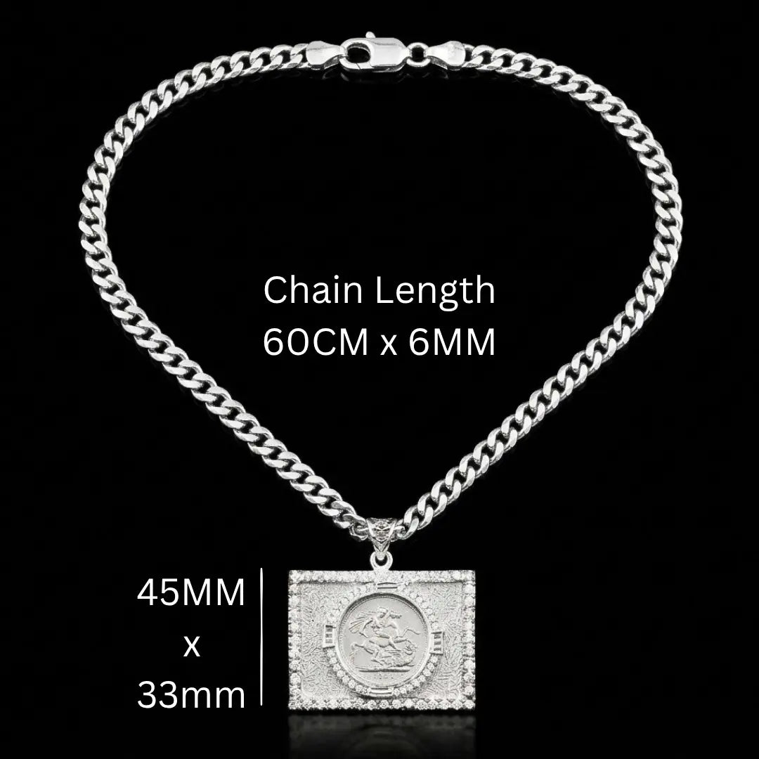 Custom 1911 Full Sovereign Coin Pendant Necklace with Cubic Zirconia and Curb Cuban Chain in Silver Rhodium Plated Stainless Steel