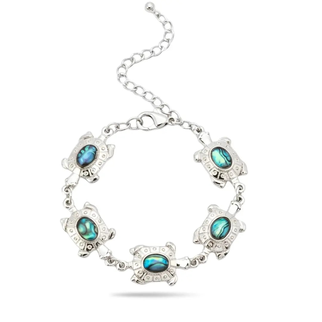 22CM Adjustable Hawaiian Silver Sea Turtle Abalone Shell 5-Charm Bracelet