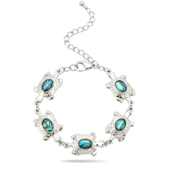 22CM Adjustable Hawaiian Silver Sea Turtle Abalone Shell 5-Charm Bracelet