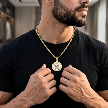 62CM x 5MM 18K Gold-Filled Two-Tone Medusa Medallion Pendant Necklace – Twisted Rope Chain Unisex Greek Key Statement Jewelry