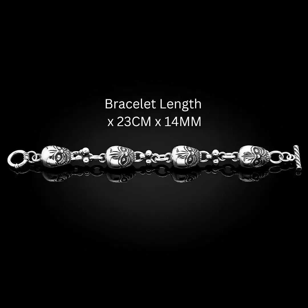 23CM x 14MM Silver Stainless Steel Tribal Mask Toggle Bracelet - Tarnish-Proof Statement Jewelry
