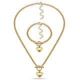 14K Gold Filled Heart Pendant Toggle Necklace & Bracelet Set | Tarnish-Proof Jewelry