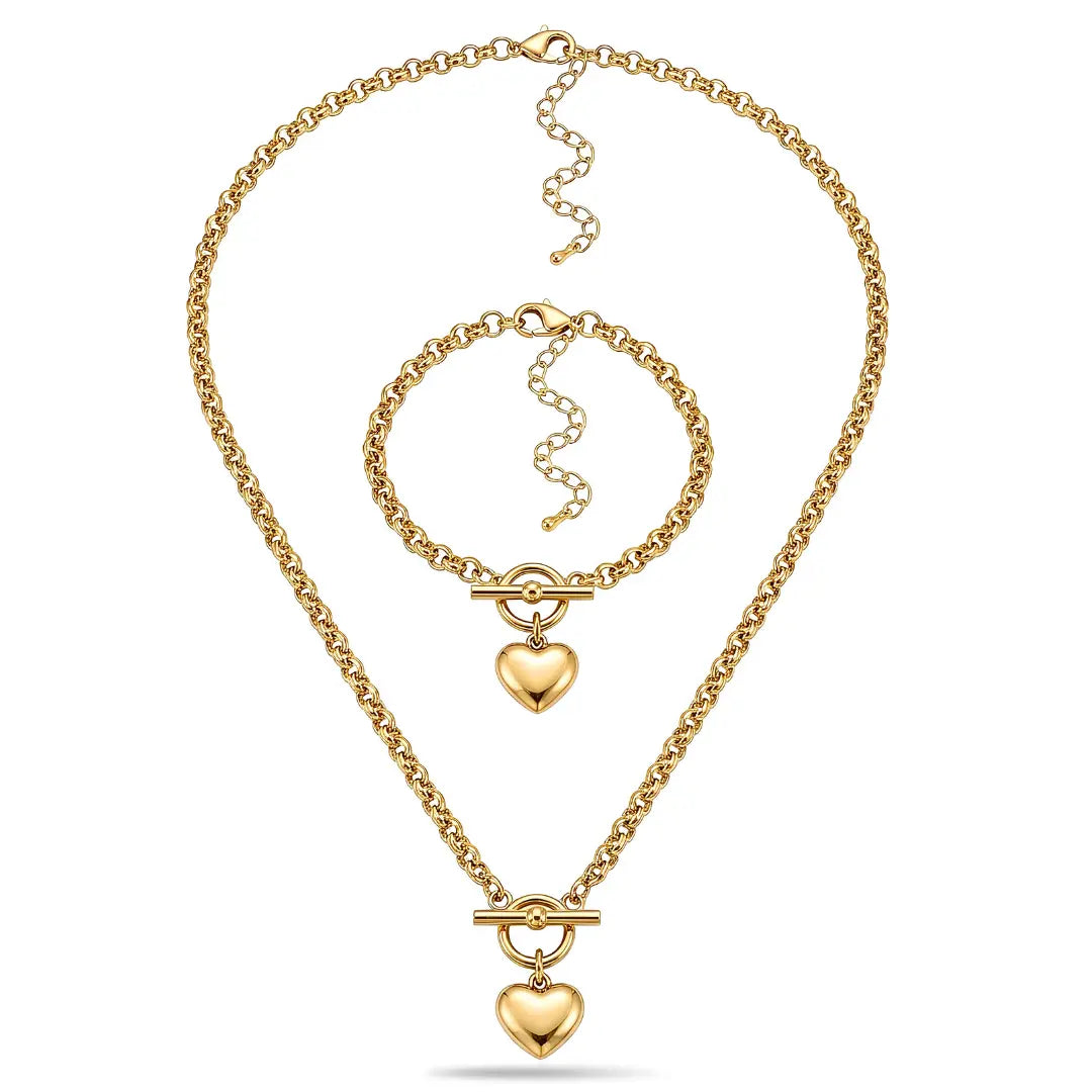 14K Gold Filled Heart Pendant Toggle Necklace & Bracelet Set | Tarnish-Proof Jewelry