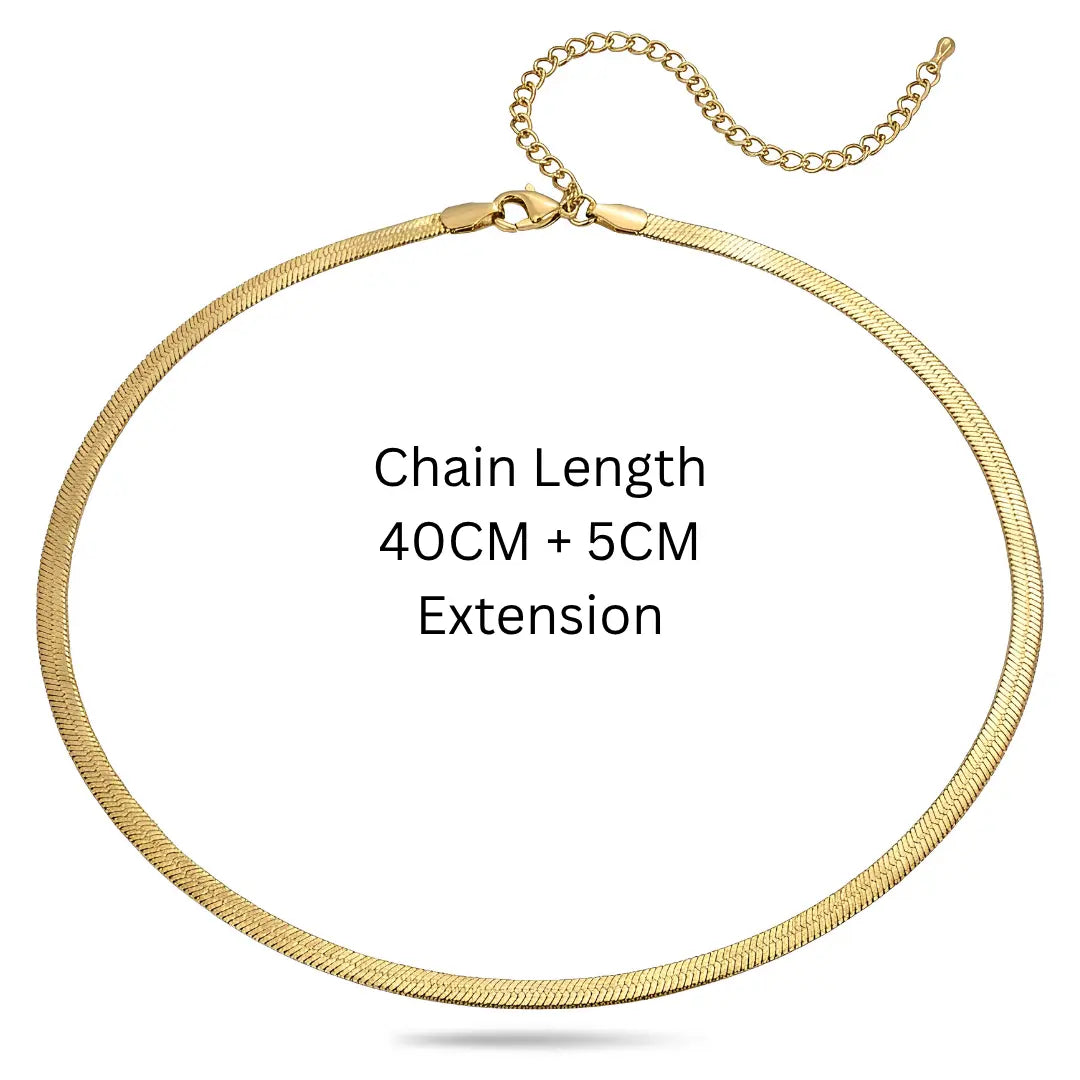 40CM + 5CM Extension 18K Gold-Filled Tarnish-Proof Herringbone Chain Necklace – Unisex Liquid Gold Flat Snake Chain