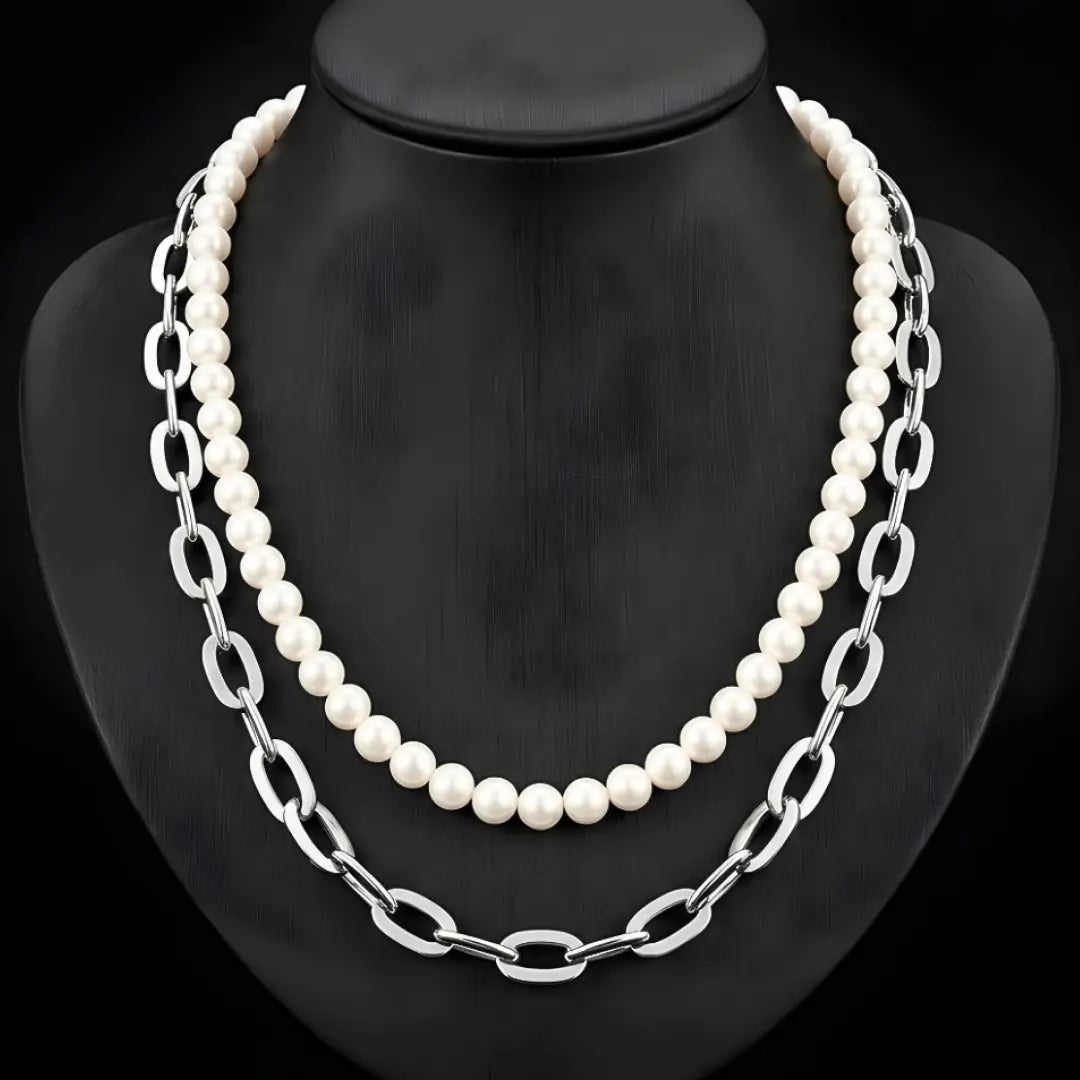 Men's Layered Pearl & Silver Paperclip Chain Necklace Set | Modern Unisex Jewelry