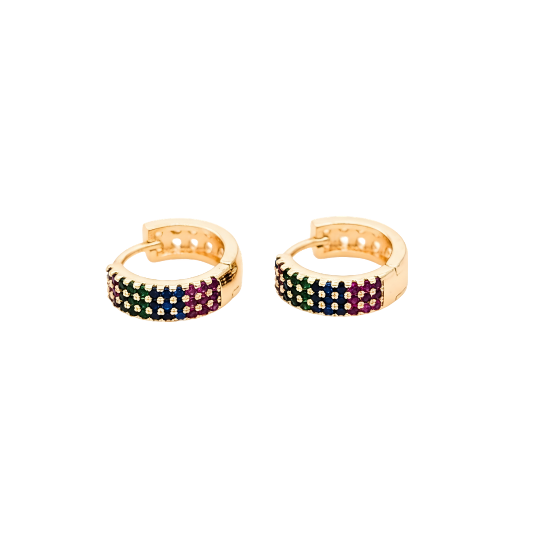 18K Gold Filled Multicolored CZ Rainbow Huggie Hoop Earrings – Double-Row Pavé Gemstone Huggies for Women