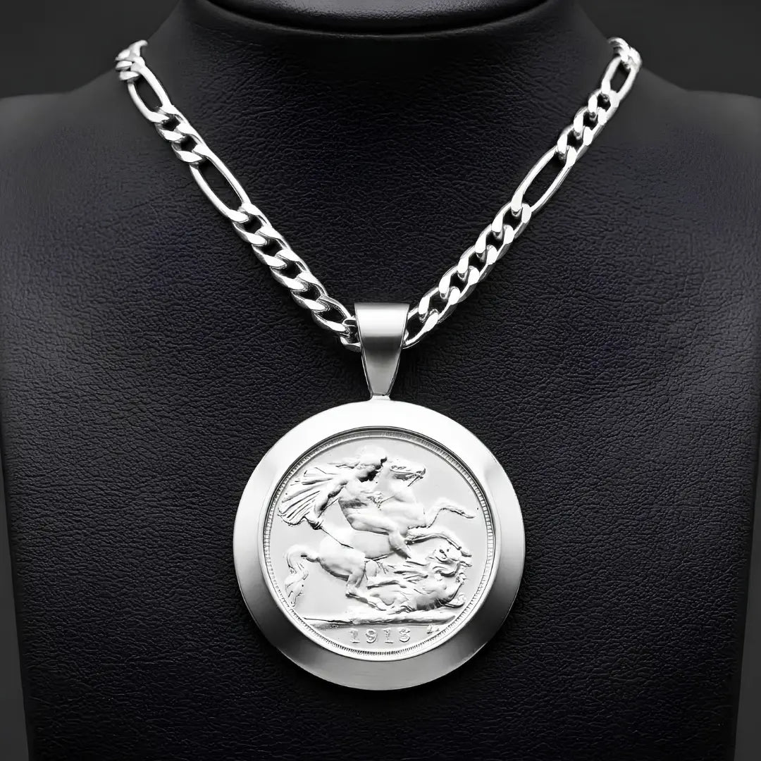 1913 Sovereign Coin Pendant Necklace in Silver Rhodium Plated Tarnish-Proof Finish with Figaro Chain