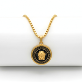 18K Gold Filled Iconic Greek Medusa Head Pendant Necklace – 20mm Black Enamel Medallion with Box Chain