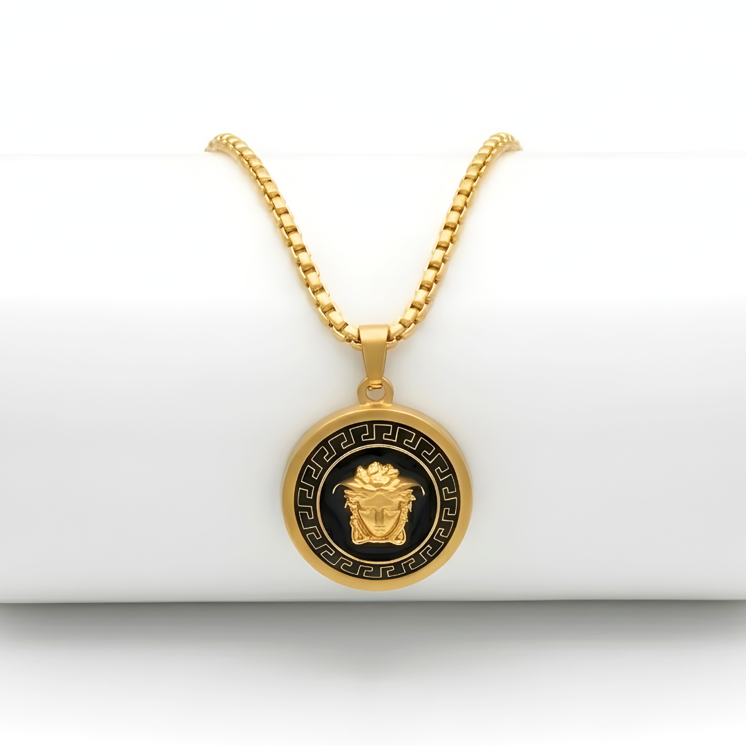 18K Gold Filled Iconic Greek Medusa Head Pendant Necklace – 20mm Black Enamel Medallion with Box Chain