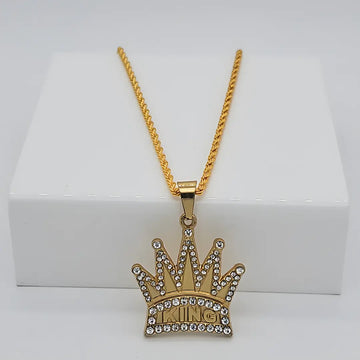 18K Gold Filled Iced Out "KING" Crown Pendant Necklace – Rope Chain Hip Hop Jewelry for Men