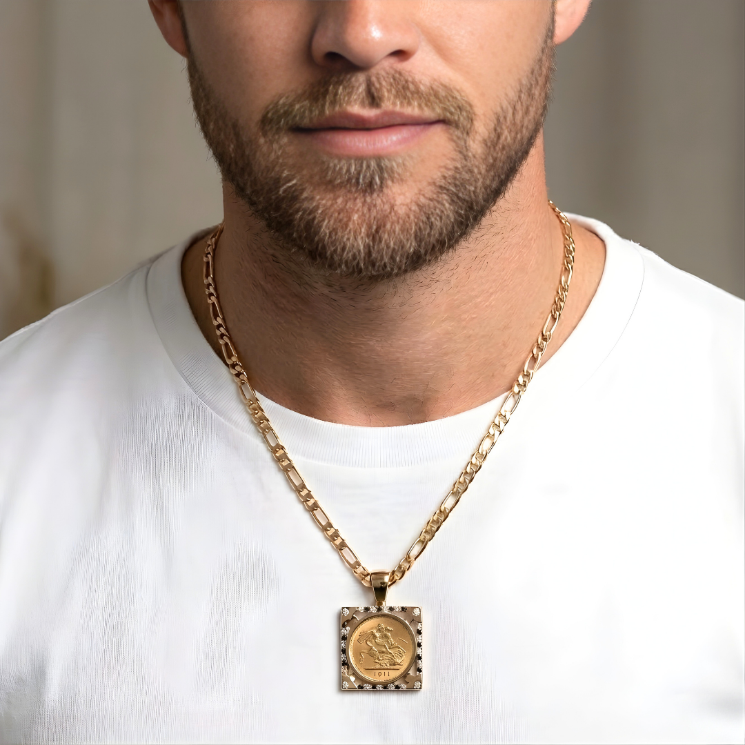 18K Gold Filled Square Sovereign With Black & White Diamonds