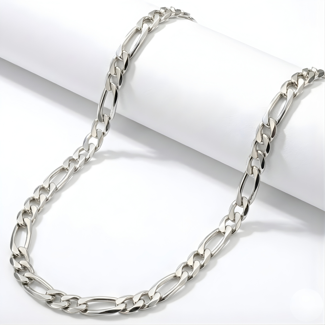 Silver Stainless Steel Heavyweight Figaro Link Chain Necklace (50cm x 8mm) – Flat-Bevel Silver Chain for Men & Women